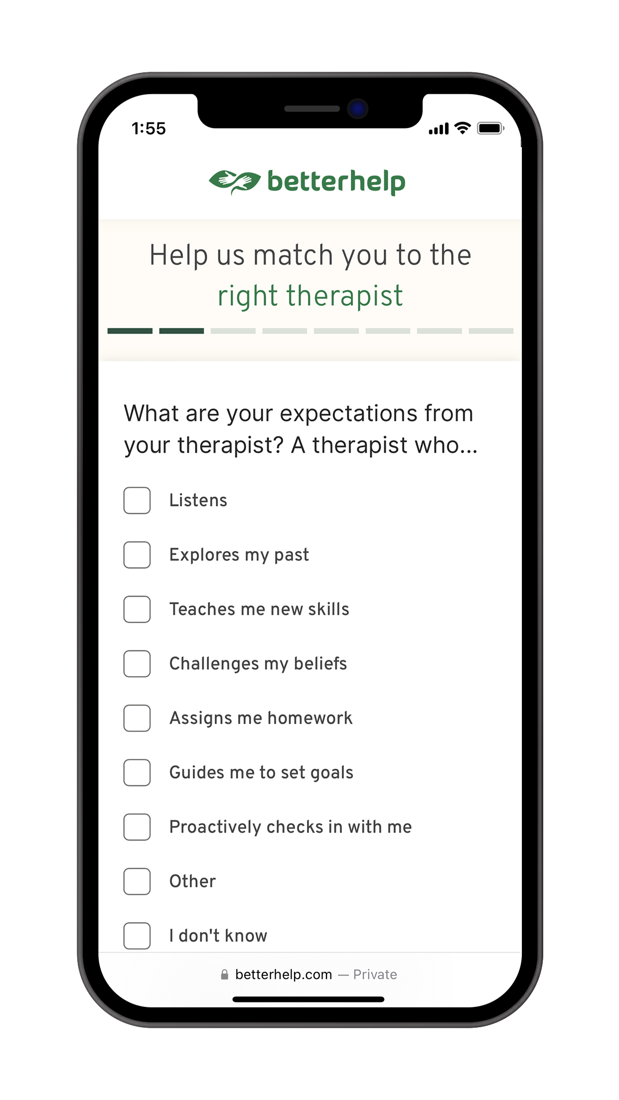 BetterHelp matching questionnaire helping match you to the right therapist